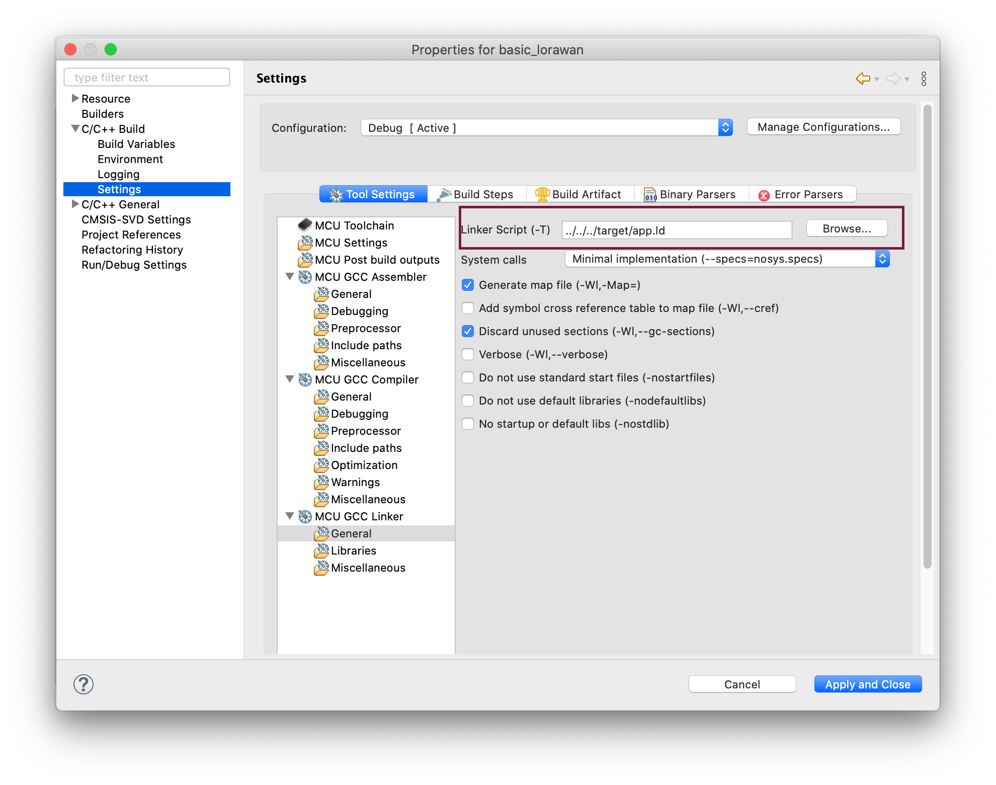 basic_lorawan STM32CubeIDE linker config